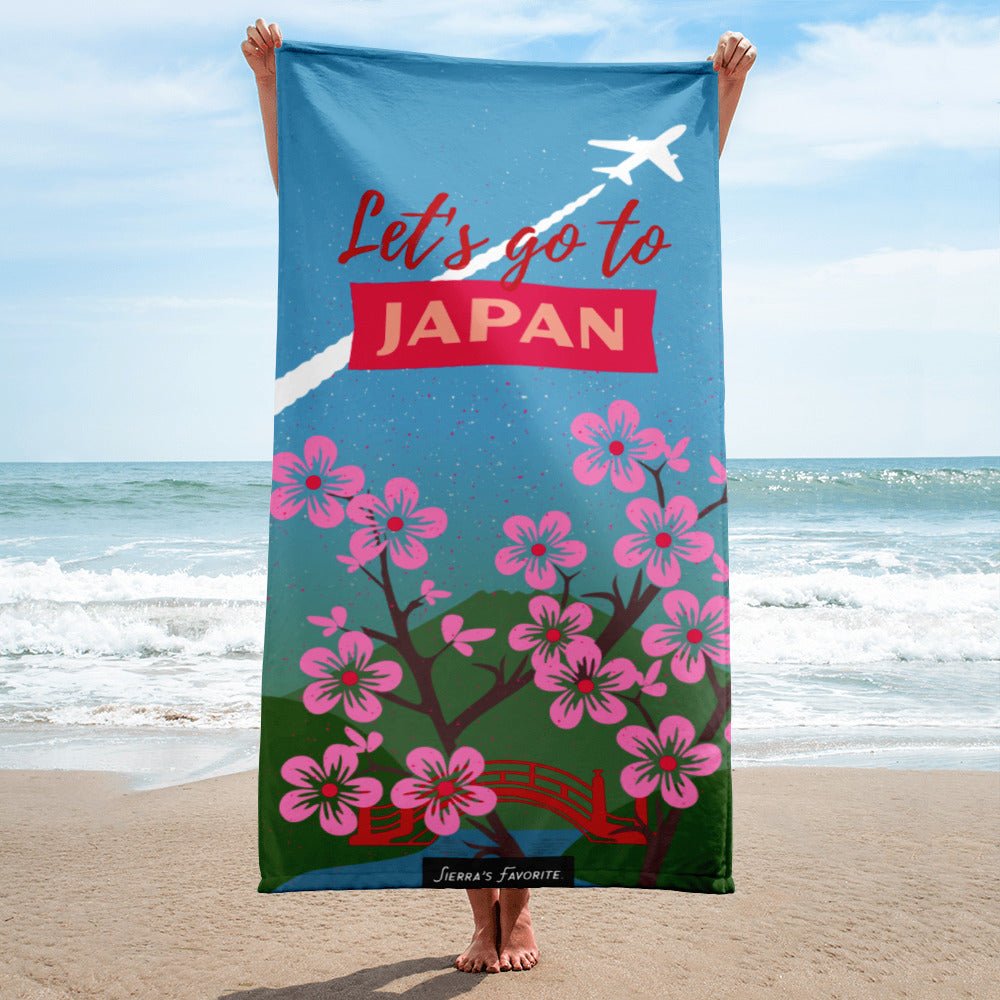 Beach Towel - Let&amp;#39;s Go to Japan - Mt. Fuji &amp; Cherry Blossoms (30 x 60 in)